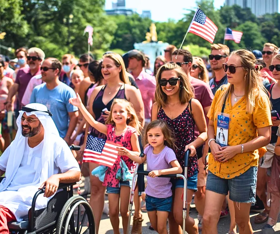 Diverse community members including families and people in wheelchairs waving American flags at a community event